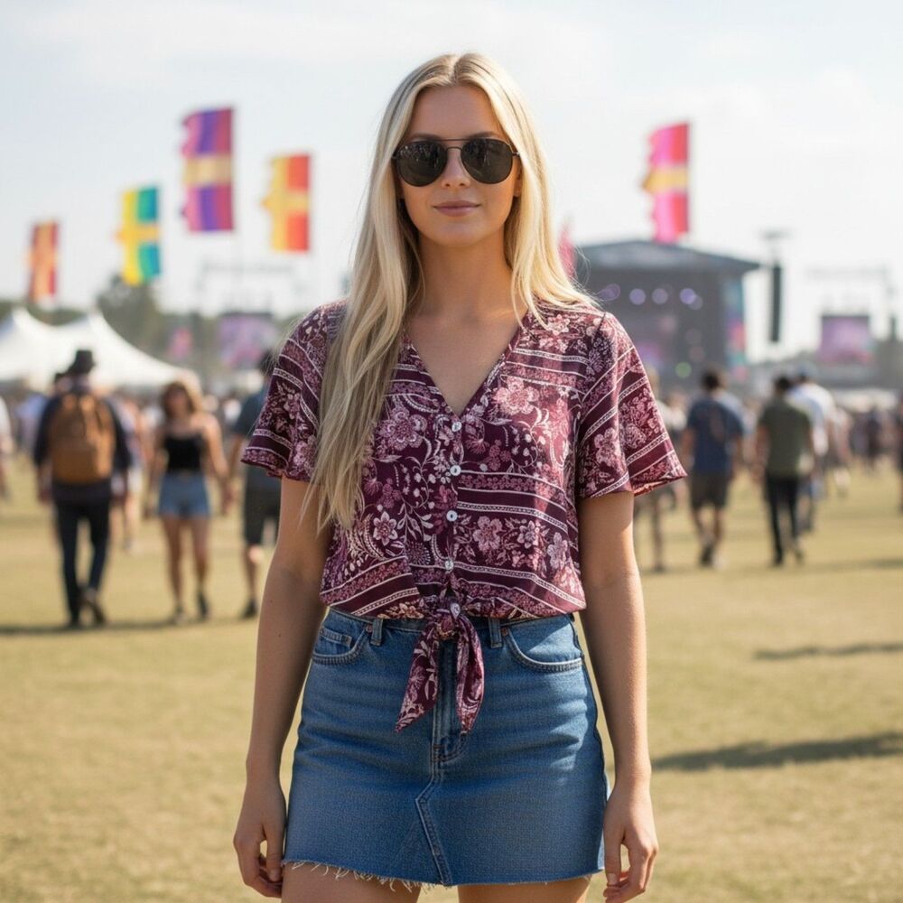 Show Me Your Mumu Burgundy Floral Button Down Tie Front Cropped Blouse size S